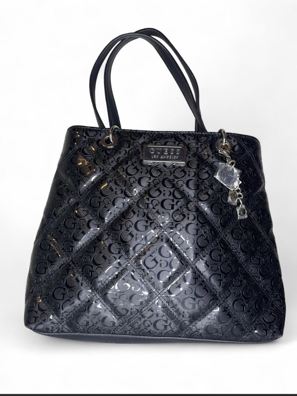 GUESS Signature Black Leather Vintage Satchel Women’s Shoulder Handbag Purse